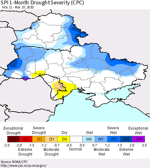 Ukraine, Moldova and Belarus SPI 1-Month Drought Severity (CPC) Thematic Map For 2/11/2020 - 3/10/2020