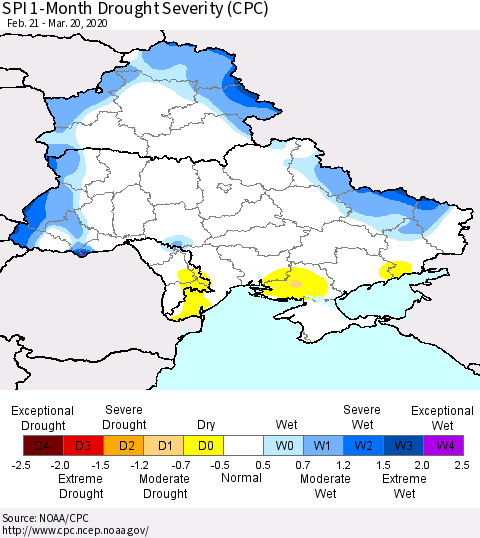 Ukraine, Moldova and Belarus SPI 1-Month Drought Severity (CPC) Thematic Map For 2/21/2020 - 3/20/2020