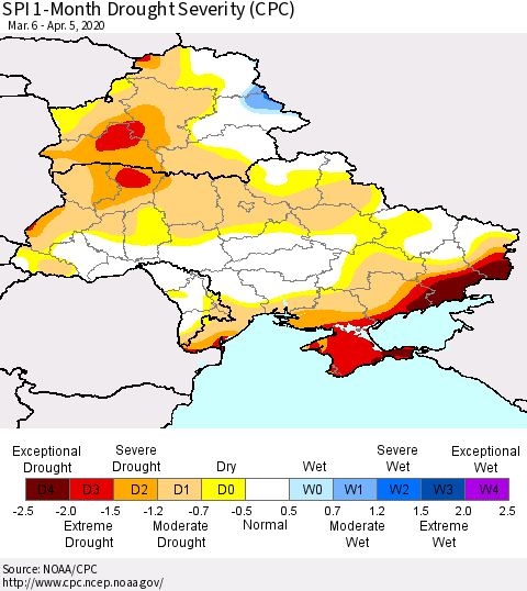 Ukraine, Moldova and Belarus SPI 1-Month Drought Severity (CPC) Thematic Map For 3/6/2020 - 4/5/2020