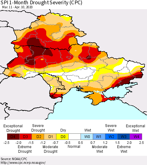 Ukraine, Moldova and Belarus SPI 1-Month Drought Severity (CPC) Thematic Map For 3/11/2020 - 4/10/2020