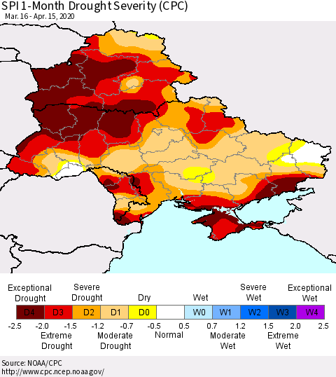 Ukraine, Moldova and Belarus SPI 1-Month Drought Severity (CPC) Thematic Map For 3/16/2020 - 4/15/2020