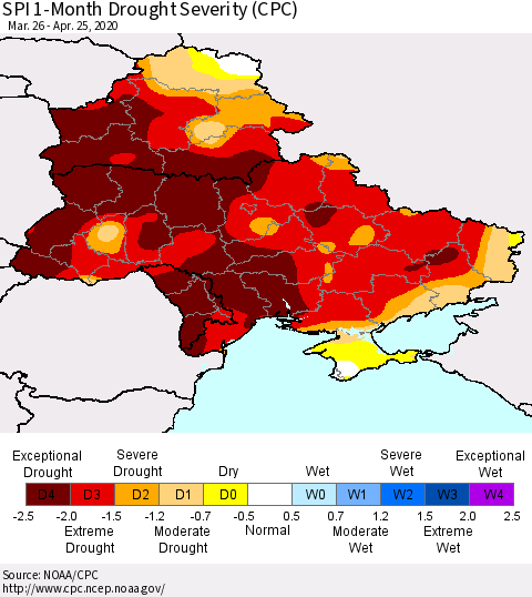 Ukraine, Moldova and Belarus SPI 1-Month Drought Severity (CPC) Thematic Map For 3/26/2020 - 4/25/2020