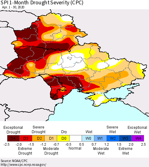Ukraine, Moldova and Belarus SPI 1-Month Drought Severity (CPC) Thematic Map For 4/1/2020 - 4/30/2020