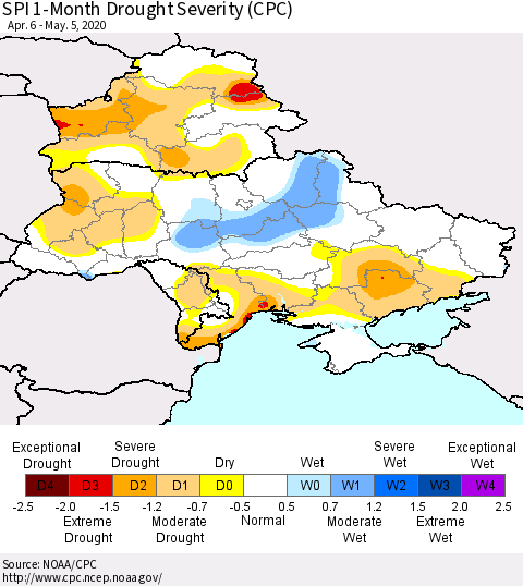 Ukraine, Moldova and Belarus SPI 1-Month Drought Severity (CPC) Thematic Map For 4/6/2020 - 5/5/2020