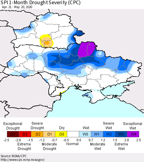 Ukraine, Moldova and Belarus SPI 1-Month Drought Severity (CPC) Thematic Map For 4/21/2020 - 5/20/2020