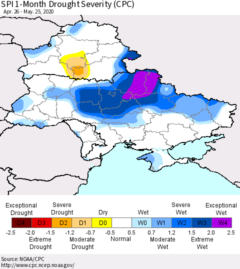 Ukraine, Moldova and Belarus SPI 1-Month Drought Severity (CPC) Thematic Map For 4/26/2020 - 5/25/2020