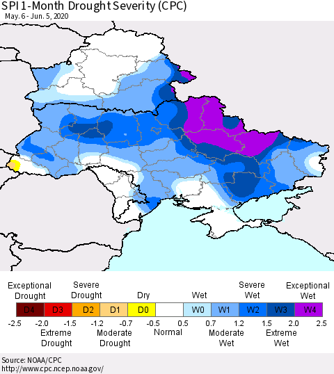 Ukraine, Moldova and Belarus SPI 1-Month Drought Severity (CPC) Thematic Map For 5/6/2020 - 6/5/2020