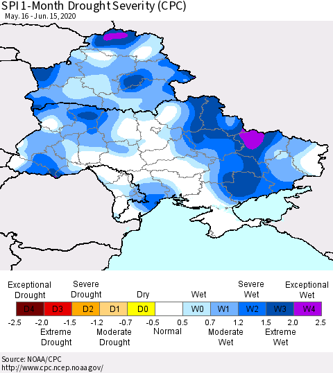 Ukraine, Moldova and Belarus SPI 1-Month Drought Severity (CPC) Thematic Map For 5/16/2020 - 6/15/2020