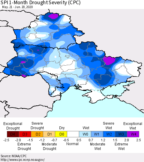 Ukraine, Moldova and Belarus SPI 1-Month Drought Severity (CPC) Thematic Map For 5/21/2020 - 6/20/2020