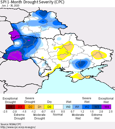 Ukraine, Moldova and Belarus SPI 1-Month Drought Severity (CPC) Thematic Map For 6/1/2020 - 6/30/2020