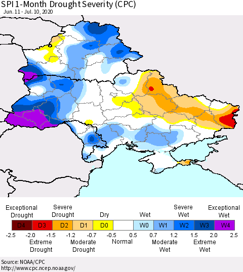 Ukraine, Moldova and Belarus SPI 1-Month Drought Severity (CPC) Thematic Map For 6/11/2020 - 7/10/2020