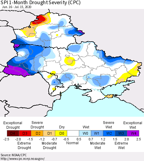 Ukraine, Moldova and Belarus SPI 1-Month Drought Severity (CPC) Thematic Map For 6/16/2020 - 7/15/2020