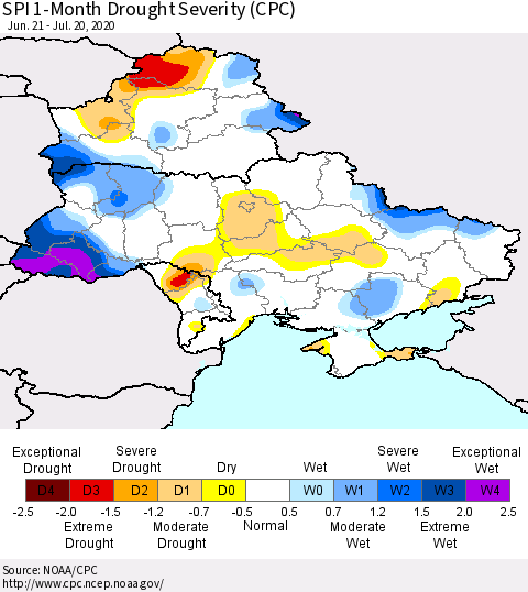 Ukraine, Moldova and Belarus SPI 1-Month Drought Severity (CPC) Thematic Map For 6/21/2020 - 7/20/2020