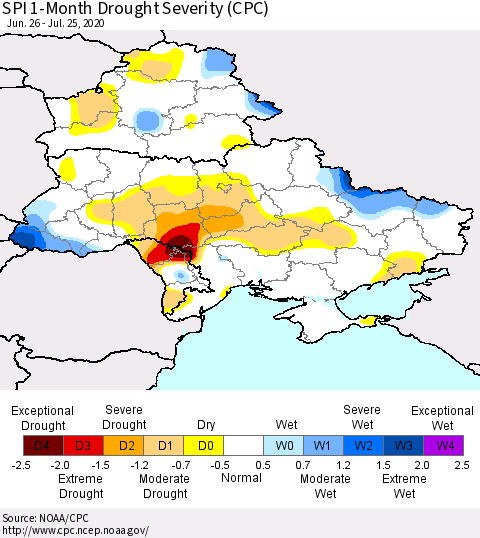 Ukraine, Moldova and Belarus SPI 1-Month Drought Severity (CPC) Thematic Map For 6/26/2020 - 7/25/2020