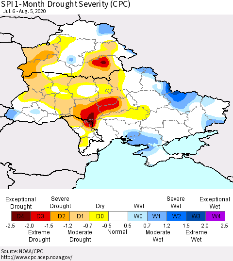 Ukraine, Moldova and Belarus SPI 1-Month Drought Severity (CPC) Thematic Map For 7/6/2020 - 8/5/2020