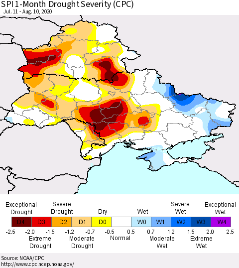 Ukraine, Moldova and Belarus SPI 1-Month Drought Severity (CPC) Thematic Map For 7/11/2020 - 8/10/2020