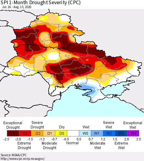 Ukraine, Moldova and Belarus SPI 1-Month Drought Severity (CPC) Thematic Map For 7/16/2020 - 8/15/2020