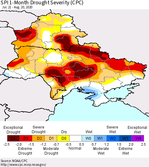 Ukraine, Moldova and Belarus SPI 1-Month Drought Severity (CPC) Thematic Map For 7/21/2020 - 8/20/2020