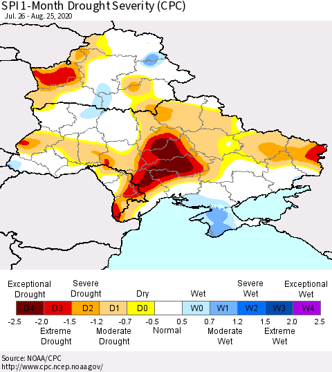Ukraine, Moldova and Belarus SPI 1-Month Drought Severity (CPC) Thematic Map For 7/26/2020 - 8/25/2020