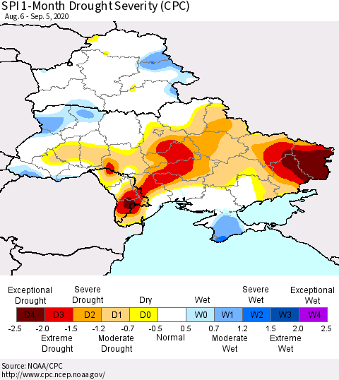 Ukraine, Moldova and Belarus SPI 1-Month Drought Severity (CPC) Thematic Map For 8/6/2020 - 9/5/2020