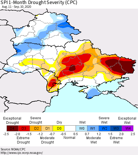 Ukraine, Moldova and Belarus SPI 1-Month Drought Severity (CPC) Thematic Map For 8/11/2020 - 9/10/2020