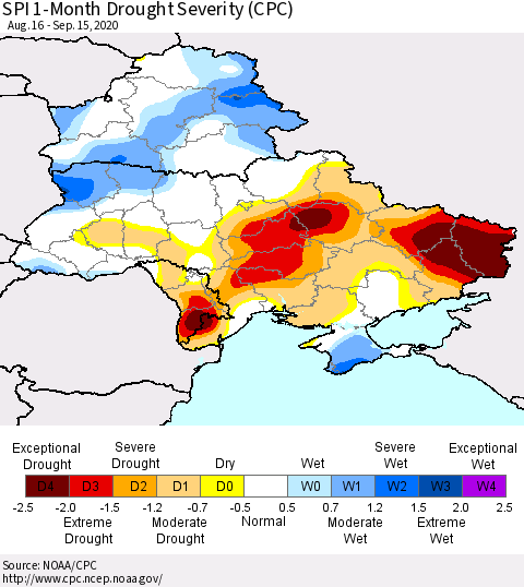 Ukraine, Moldova and Belarus SPI 1-Month Drought Severity (CPC) Thematic Map For 8/16/2020 - 9/15/2020