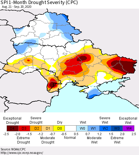 Ukraine, Moldova and Belarus SPI 1-Month Drought Severity (CPC) Thematic Map For 8/21/2020 - 9/20/2020