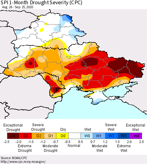 Ukraine, Moldova and Belarus SPI 1-Month Drought Severity (CPC) Thematic Map For 8/26/2020 - 9/25/2020