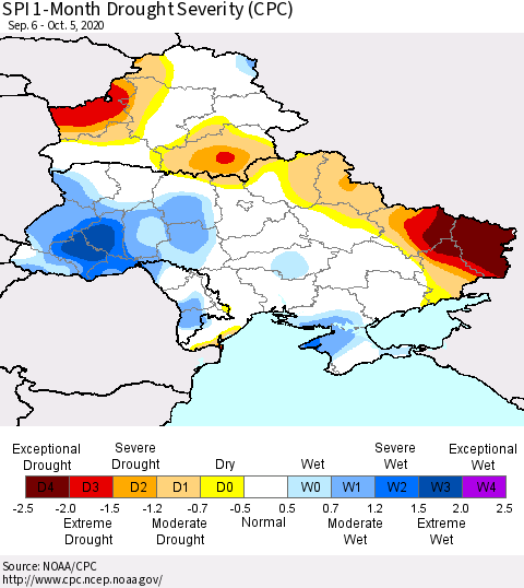 Ukraine, Moldova and Belarus SPI 1-Month Drought Severity (CPC) Thematic Map For 9/6/2020 - 10/5/2020