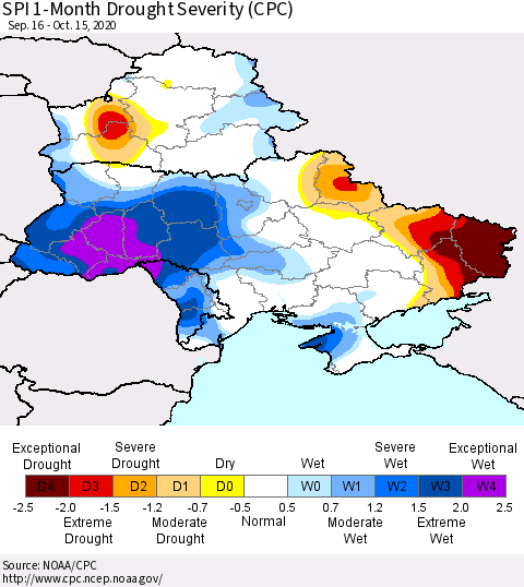 Ukraine, Moldova and Belarus SPI 1-Month Drought Severity (CPC) Thematic Map For 9/16/2020 - 10/15/2020