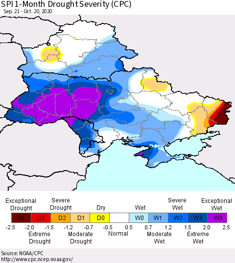 Ukraine, Moldova and Belarus SPI 1-Month Drought Severity (CPC) Thematic Map For 9/21/2020 - 10/20/2020