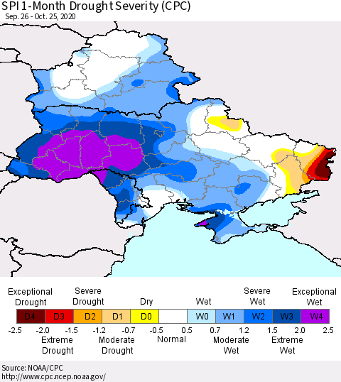 Ukraine, Moldova and Belarus SPI 1-Month Drought Severity (CPC) Thematic Map For 9/26/2020 - 10/25/2020