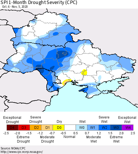 Ukraine, Moldova and Belarus SPI 1-Month Drought Severity (CPC) Thematic Map For 10/6/2020 - 11/5/2020