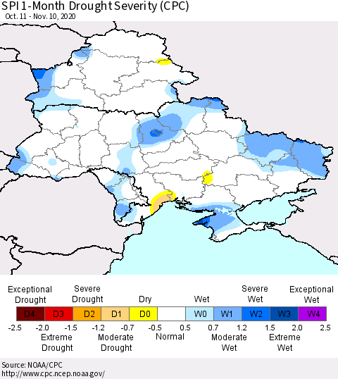 Ukraine, Moldova and Belarus SPI 1-Month Drought Severity (CPC) Thematic Map For 10/11/2020 - 11/10/2020
