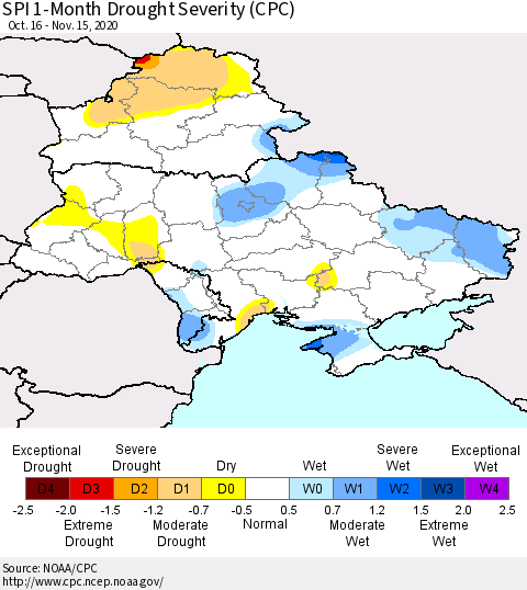 Ukraine, Moldova and Belarus SPI 1-Month Drought Severity (CPC) Thematic Map For 10/16/2020 - 11/15/2020