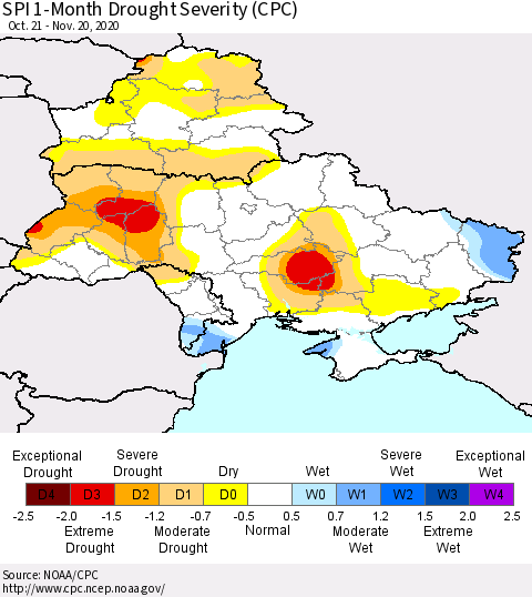 Ukraine, Moldova and Belarus SPI 1-Month Drought Severity (CPC) Thematic Map For 10/21/2020 - 11/20/2020