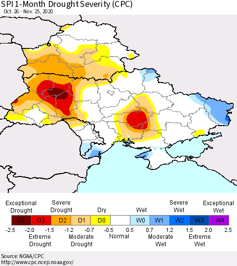 Ukraine, Moldova and Belarus SPI 1-Month Drought Severity (CPC) Thematic Map For 10/26/2020 - 11/25/2020