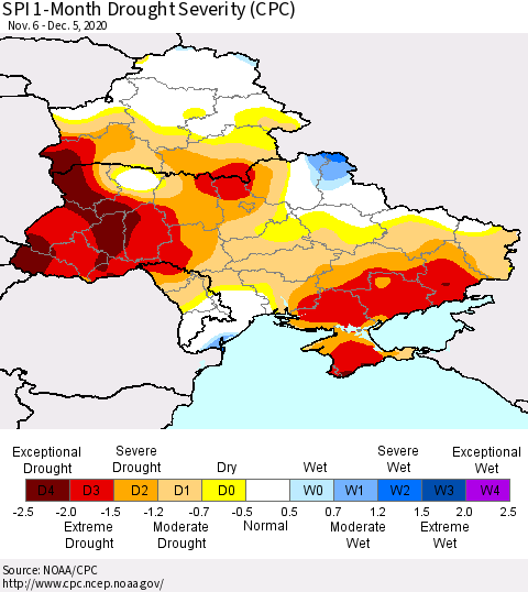 Ukraine, Moldova and Belarus SPI 1-Month Drought Severity (CPC) Thematic Map For 11/6/2020 - 12/5/2020