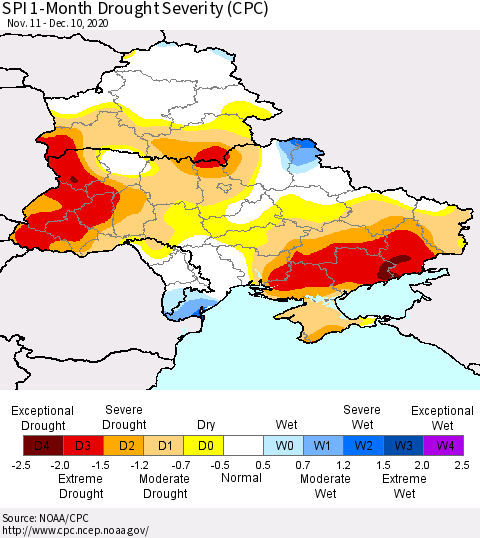 Ukraine, Moldova and Belarus SPI 1-Month Drought Severity (CPC) Thematic Map For 11/11/2020 - 12/10/2020