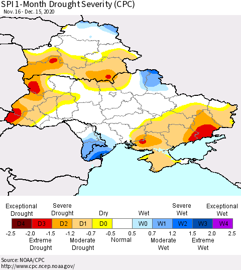 Ukraine, Moldova and Belarus SPI 1-Month Drought Severity (CPC) Thematic Map For 11/16/2020 - 12/15/2020