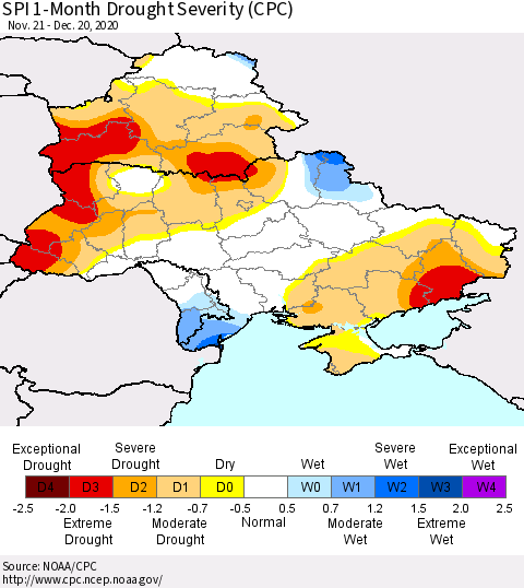 Ukraine, Moldova and Belarus SPI 1-Month Drought Severity (CPC) Thematic Map For 11/21/2020 - 12/20/2020