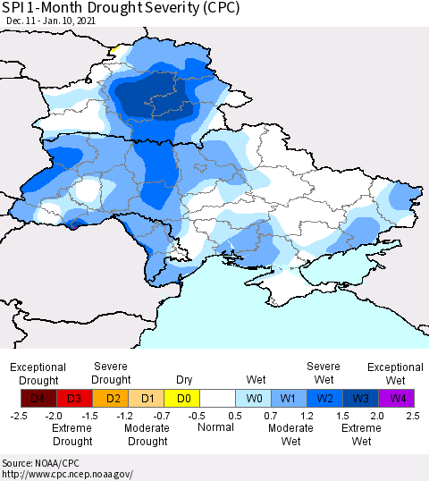 Ukraine, Moldova and Belarus SPI 1-Month Drought Severity (CPC) Thematic Map For 12/11/2020 - 1/10/2021