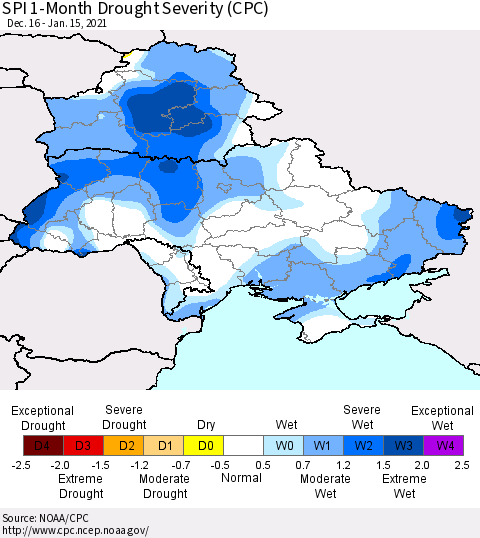 Ukraine, Moldova and Belarus SPI 1-Month Drought Severity (CPC) Thematic Map For 12/16/2020 - 1/15/2021