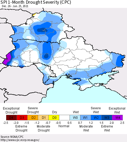Ukraine, Moldova and Belarus SPI 1-Month Drought Severity (CPC) Thematic Map For 12/26/2020 - 1/25/2021