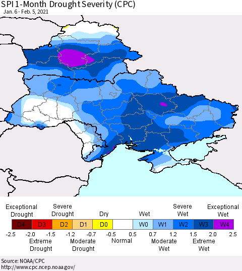 Ukraine, Moldova and Belarus SPI 1-Month Drought Severity (CPC) Thematic Map For 1/6/2021 - 2/5/2021