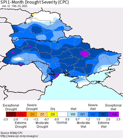 Ukraine, Moldova and Belarus SPI 1-Month Drought Severity (CPC) Thematic Map For 1/11/2021 - 2/10/2021