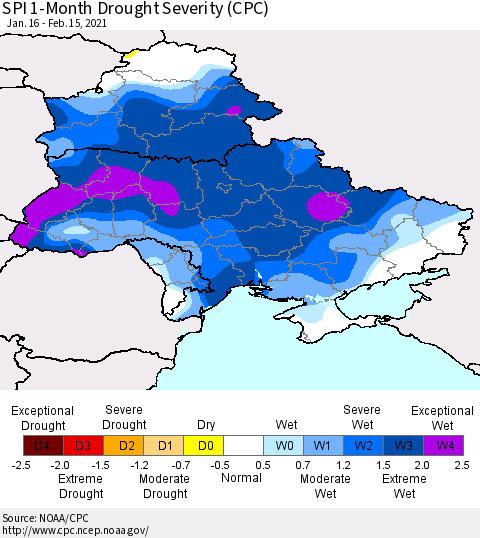 Ukraine, Moldova and Belarus SPI 1-Month Drought Severity (CPC) Thematic Map For 1/16/2021 - 2/15/2021