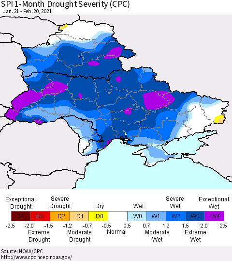 Ukraine, Moldova and Belarus SPI 1-Month Drought Severity (CPC) Thematic Map For 1/21/2021 - 2/20/2021