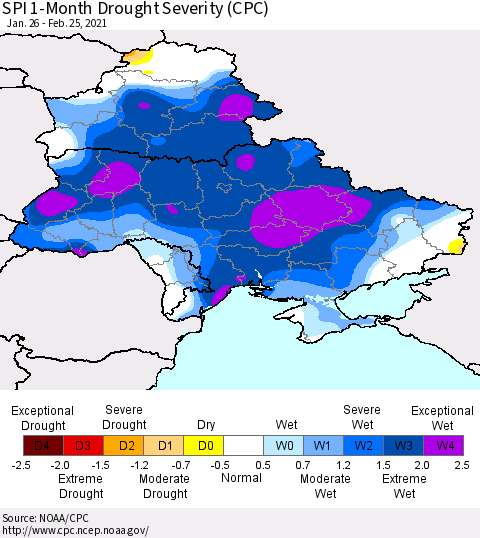 Ukraine, Moldova and Belarus SPI 1-Month Drought Severity (CPC) Thematic Map For 1/26/2021 - 2/25/2021