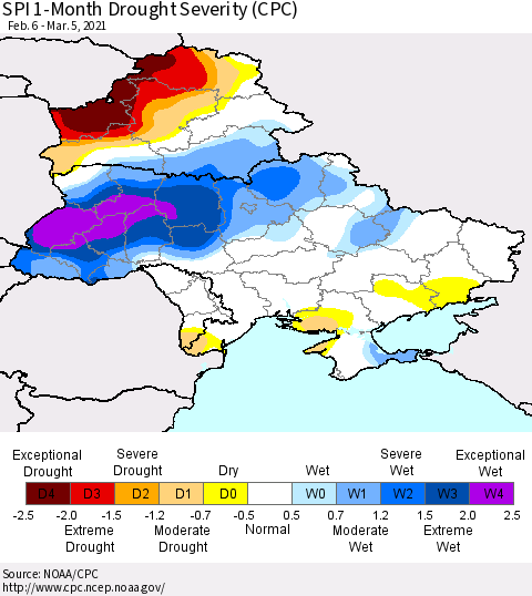 Ukraine, Moldova and Belarus SPI 1-Month Drought Severity (CPC) Thematic Map For 2/6/2021 - 3/5/2021